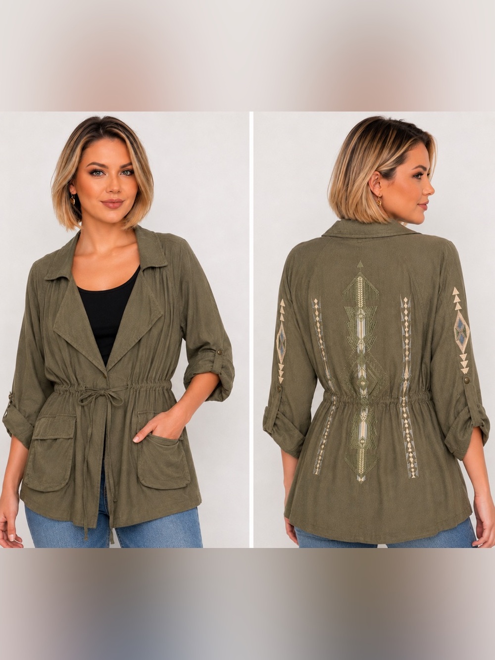 Miss Me Olive Green Utility Jacket with Aztec Embroidery L
